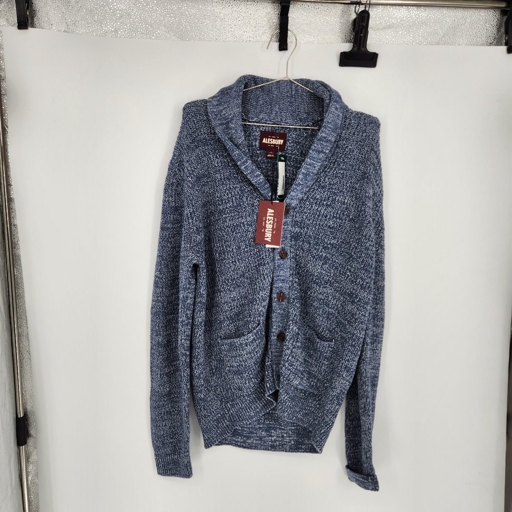 Alesbury Mens Shaker Stitch Cardigan Blue Shawl Collar Cotton Sweater M NEW